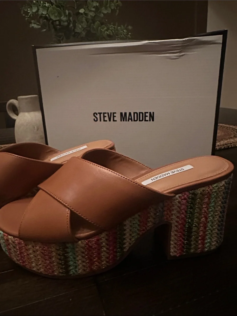 Steve Madden Tan Platform Mules with Multicolor Woven Heel
